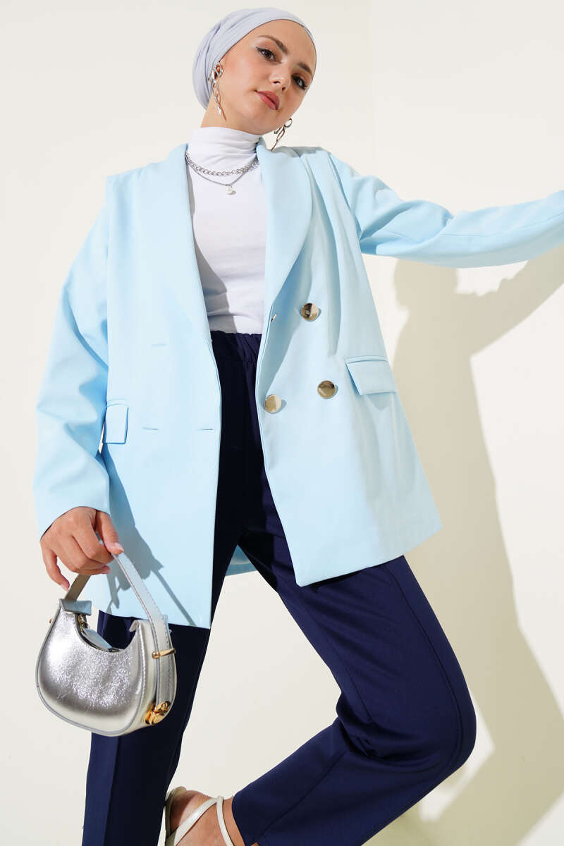 Four-Button Blazer with Flap Pockets - Blue