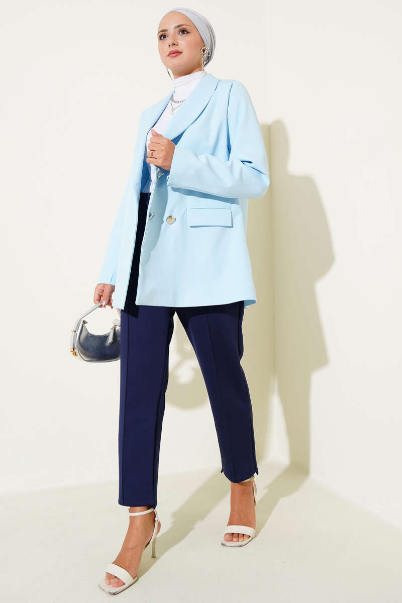 Four-Button Blazer with Flap Pockets - Blue