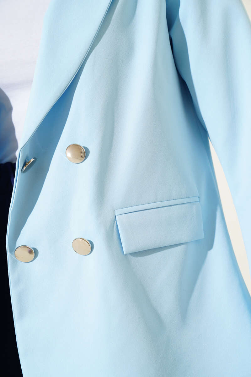 Four-Button Blazer with Flap Pockets - Blue