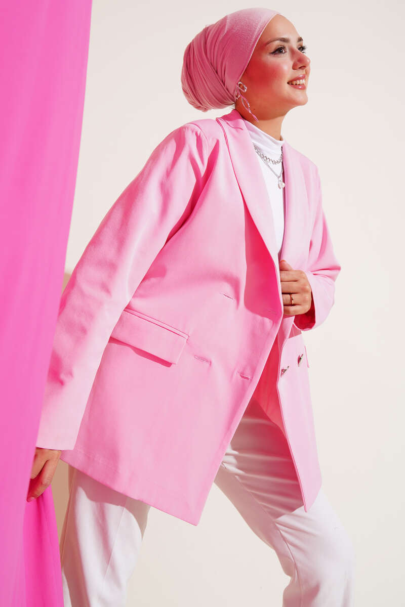 Four-Button Blazer with Flap Pockets - Pink