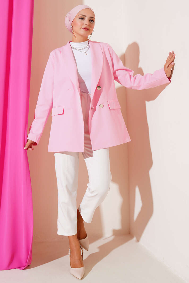 Four-Button Blazer with Flap Pockets - Pink