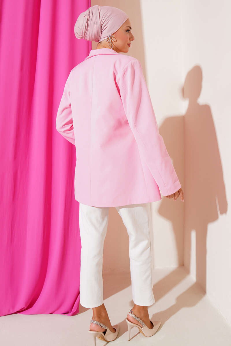 Four-Button Blazer with Flap Pockets - Pink