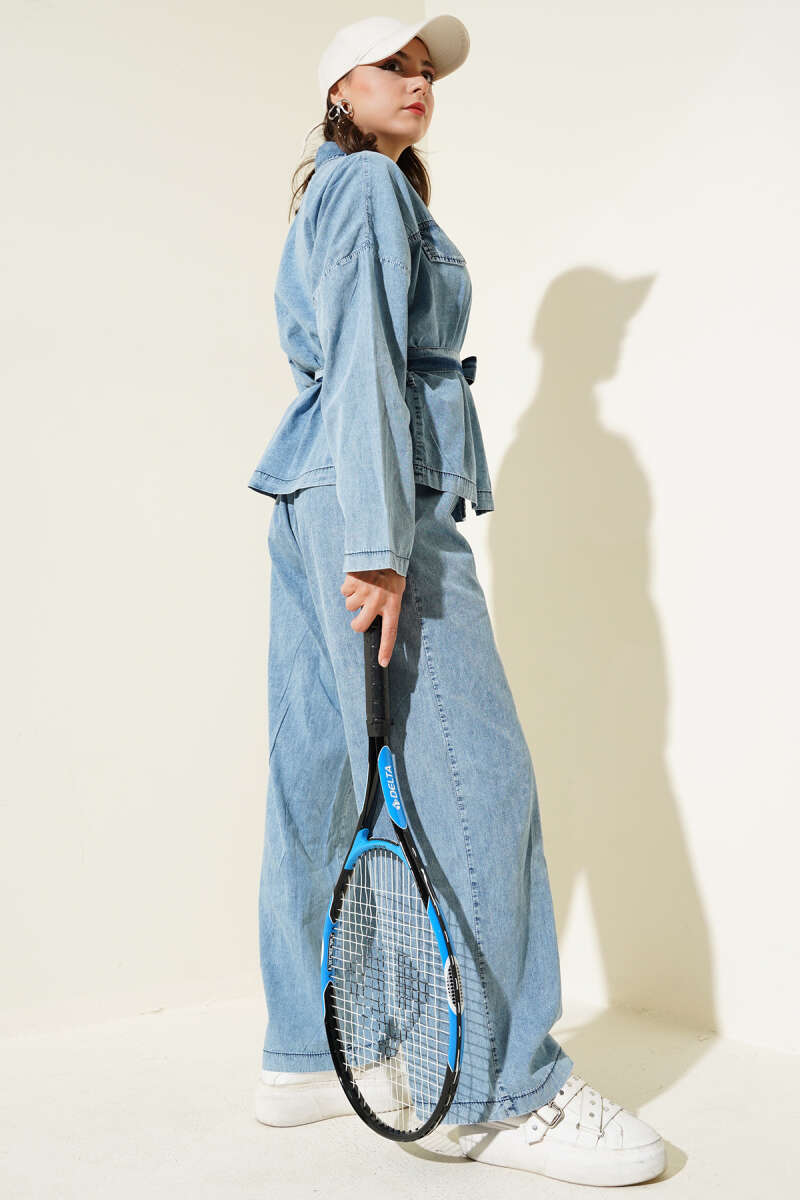Belted Denim Two-Piece Set with Flap Pockets - Denim Blue