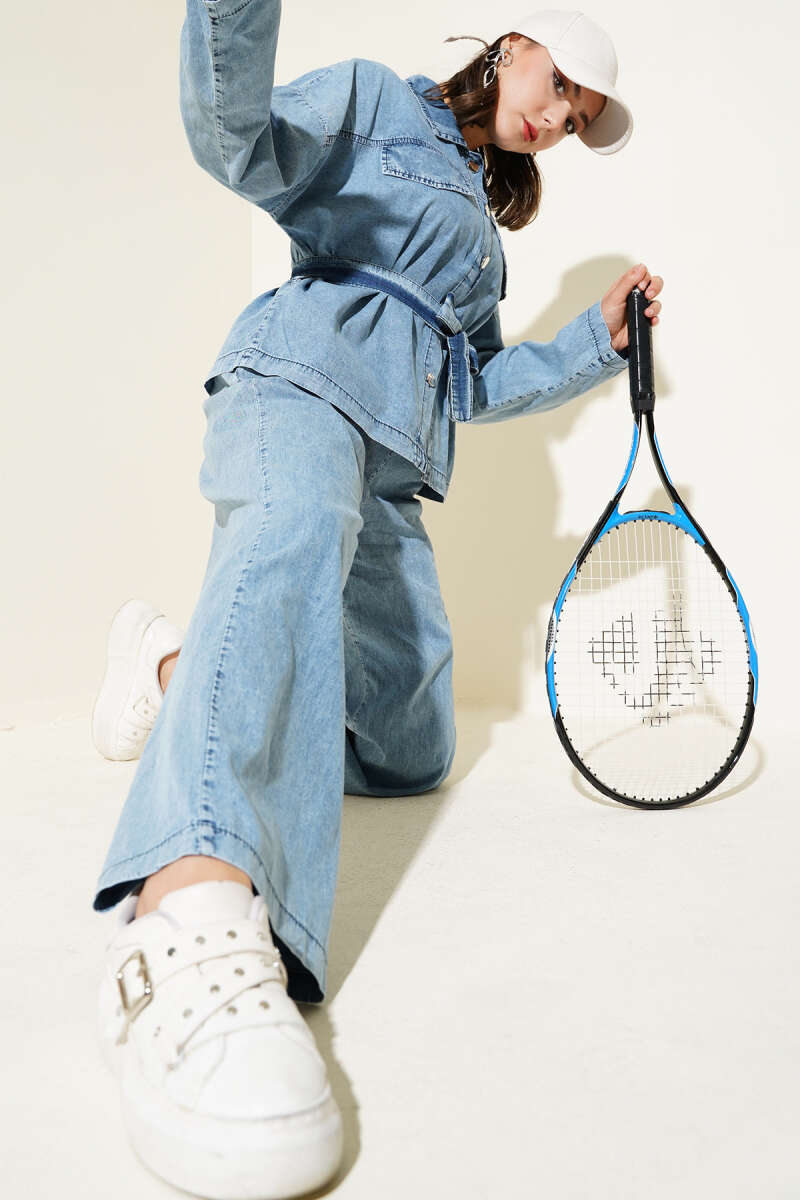 Belted Denim Two-Piece Set with Flap Pockets - Denim Blue