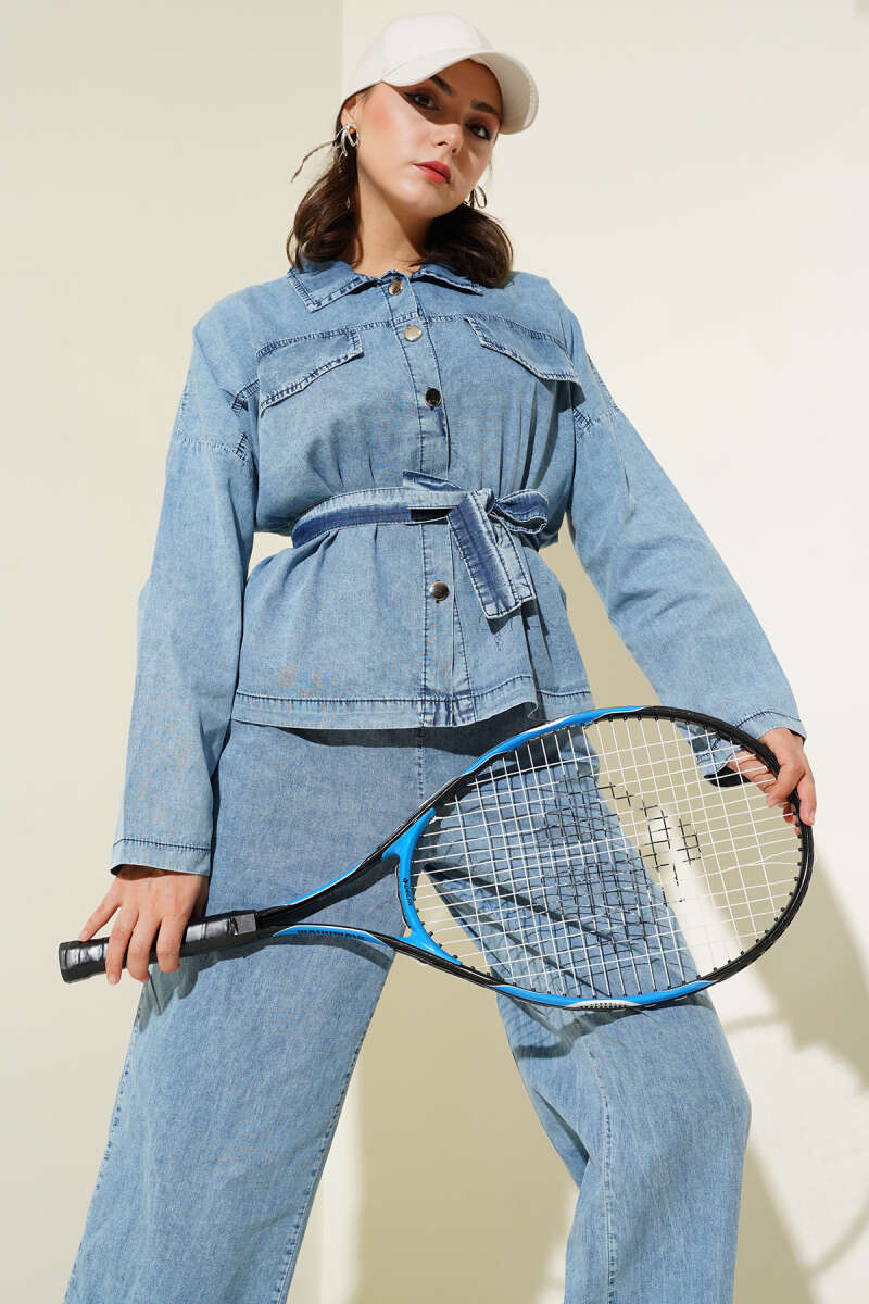 Belted Denim Two-Piece Set with Flap Pockets - Denim Blue