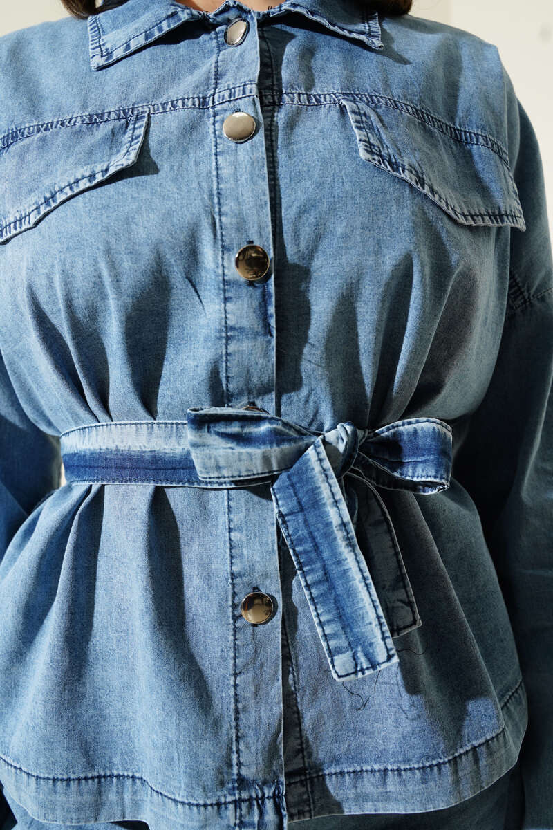 Belted Denim Two-Piece Set with Flap Pockets - Denim Blue