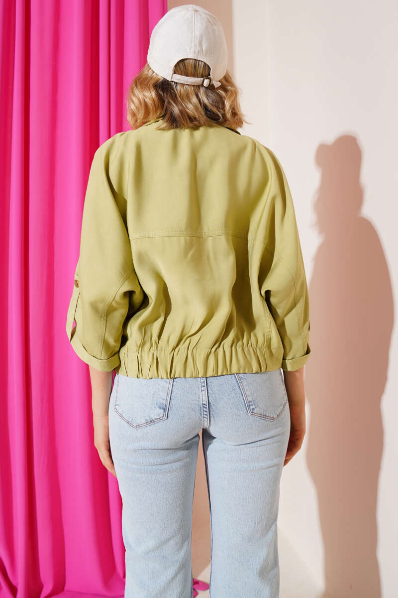 Jacket with Flap Pockets and Rivet Sleeves - Almond Green