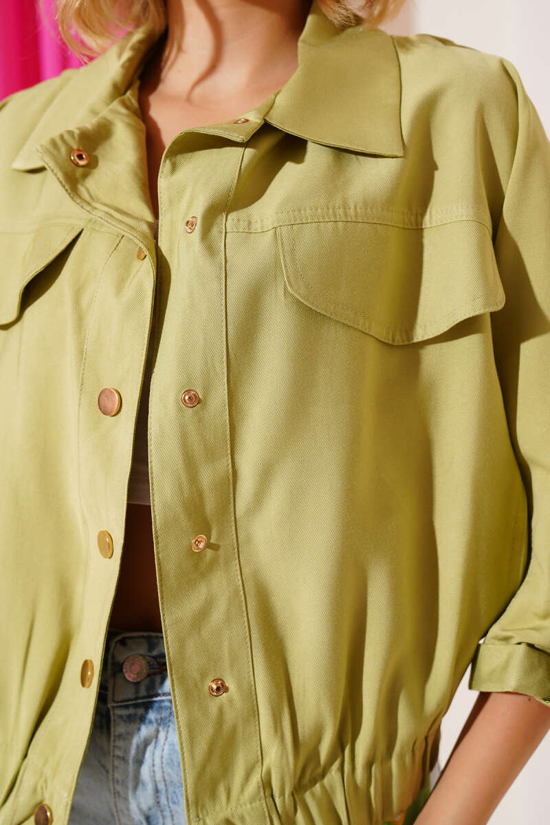 Jacket with Flap Pockets and Rivet Sleeves - Almond Green