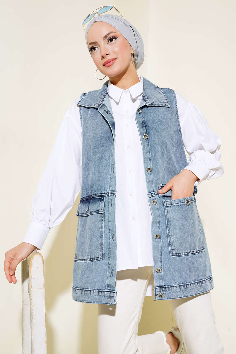 Denim Vest with Flap Pockets - Denim Blue