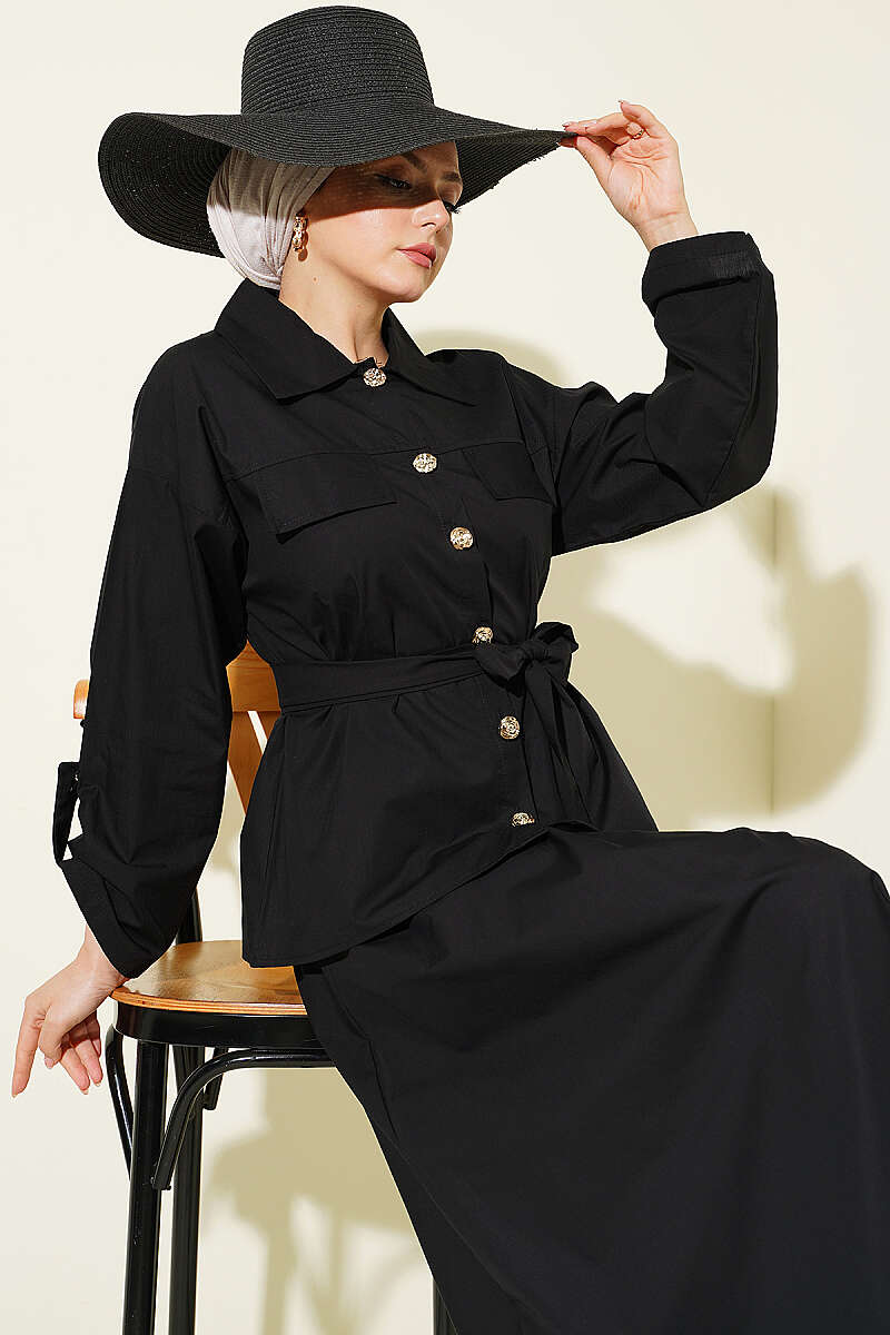 Belted Skirt Set with Flap Pockets - Black