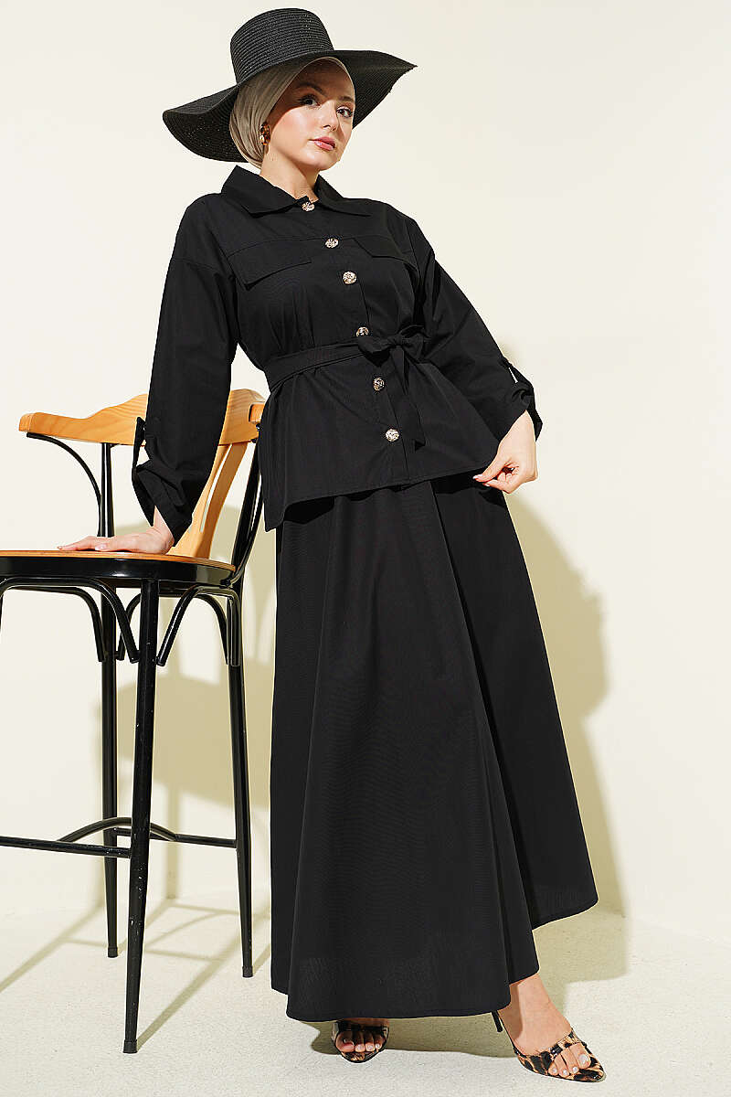 Belted Skirt Set with Flap Pockets - Black