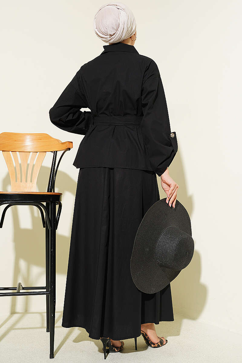 Belted Skirt Set with Flap Pockets - Black