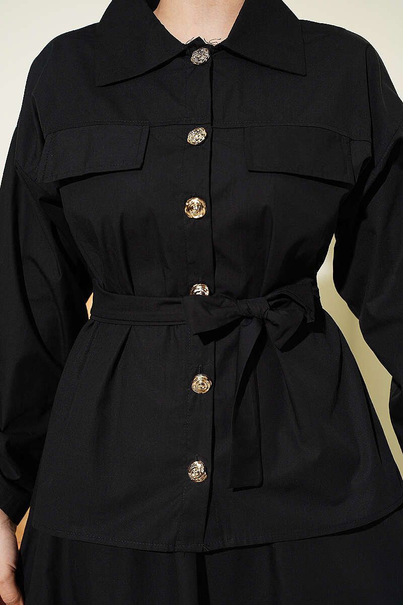 Belted Skirt Set with Flap Pockets - Black