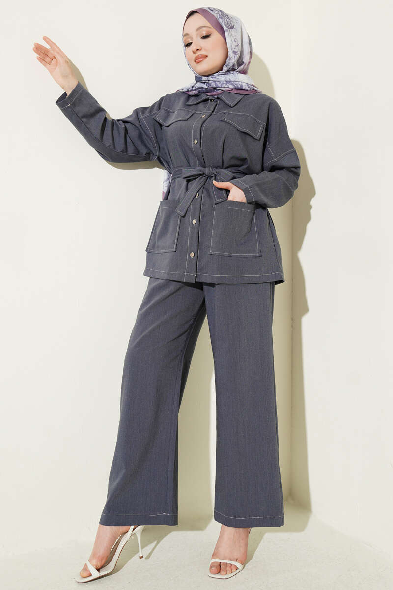Belted Two-Piece Set with Flap Pockets - Blue