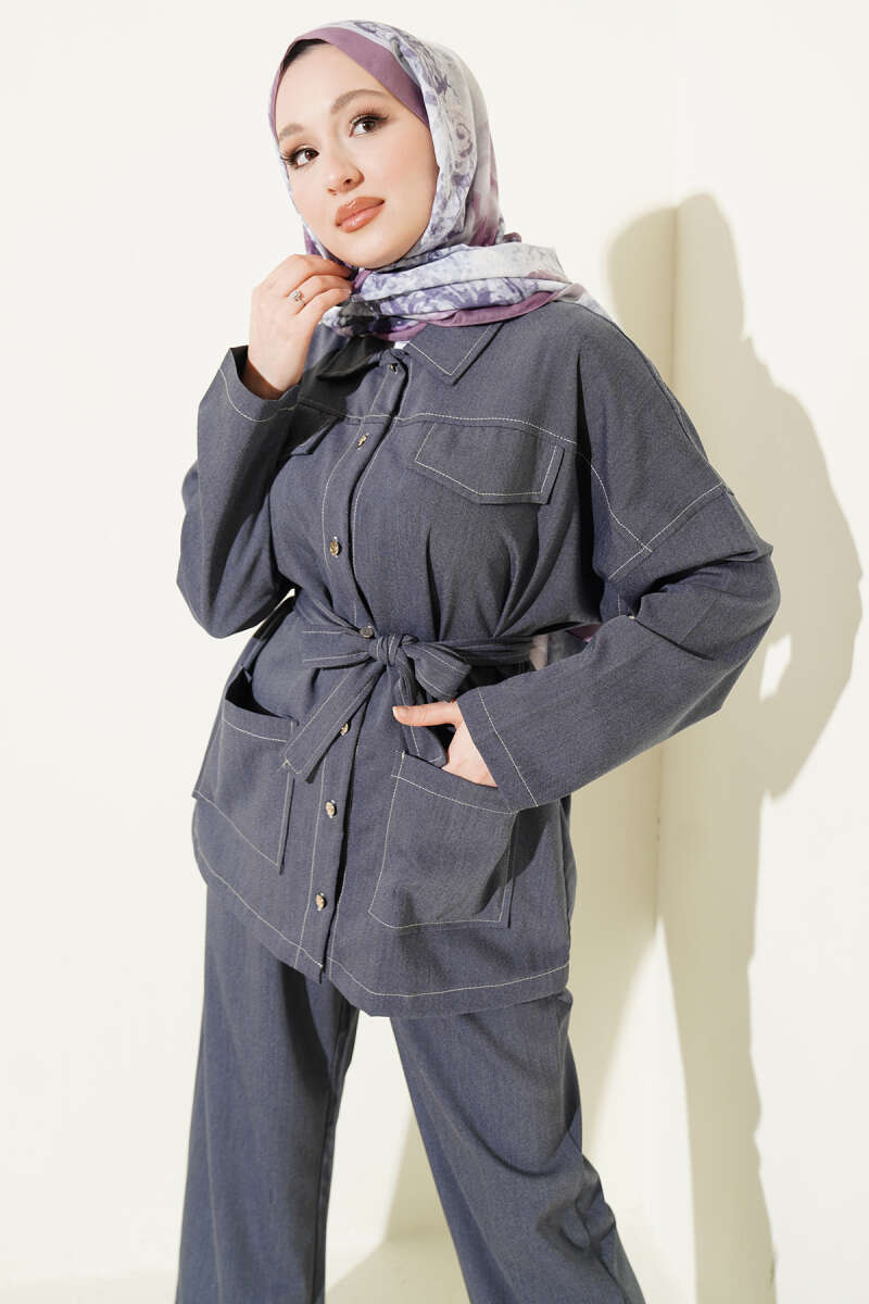 Belted Two-Piece Set with Flap Pockets - Blue