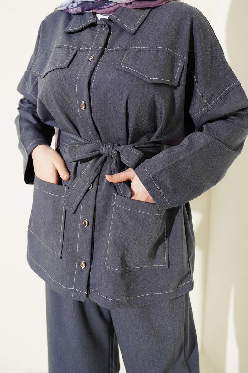 Belted Two-Piece Set with Flap Pockets - Blue