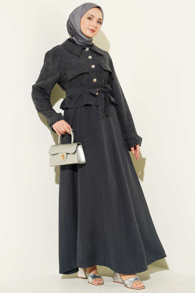 Belted Tencel Pinafore Set with Flap Pockets - Charcoal