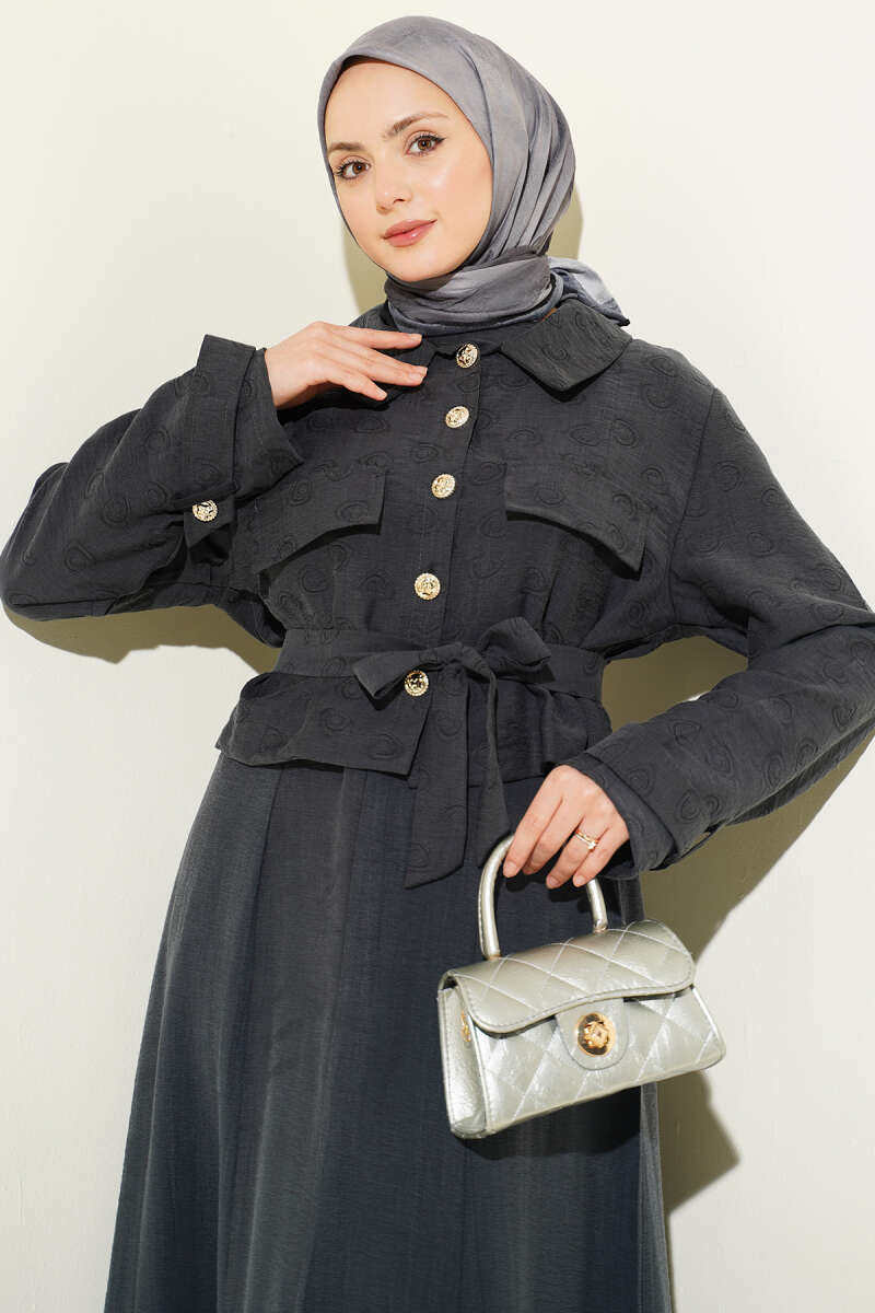 Belted Tencel Pinafore Set with Flap Pockets - Charcoal