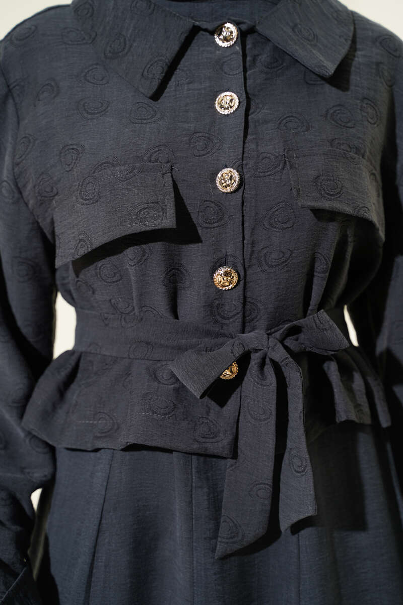 Belted Tencel Pinafore Set with Flap Pockets - Charcoal