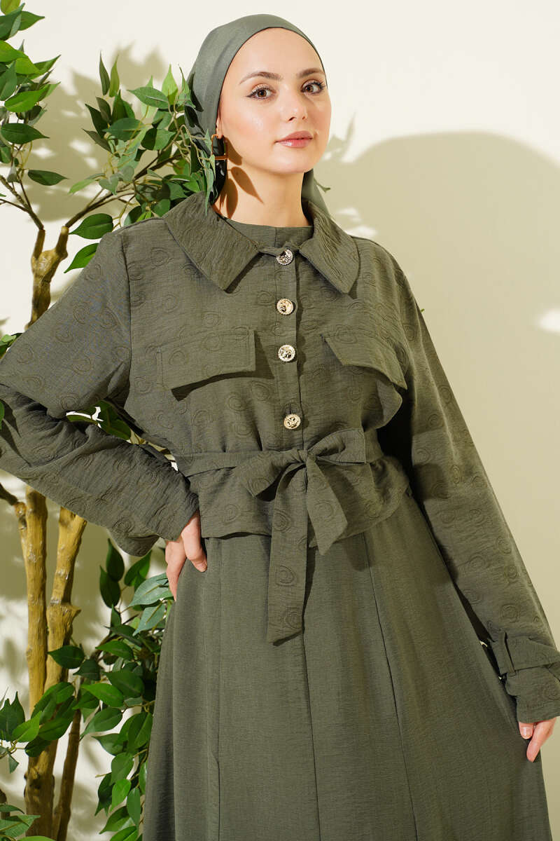Belted Tencel Pinafore Set with Flap Pockets - Khaki