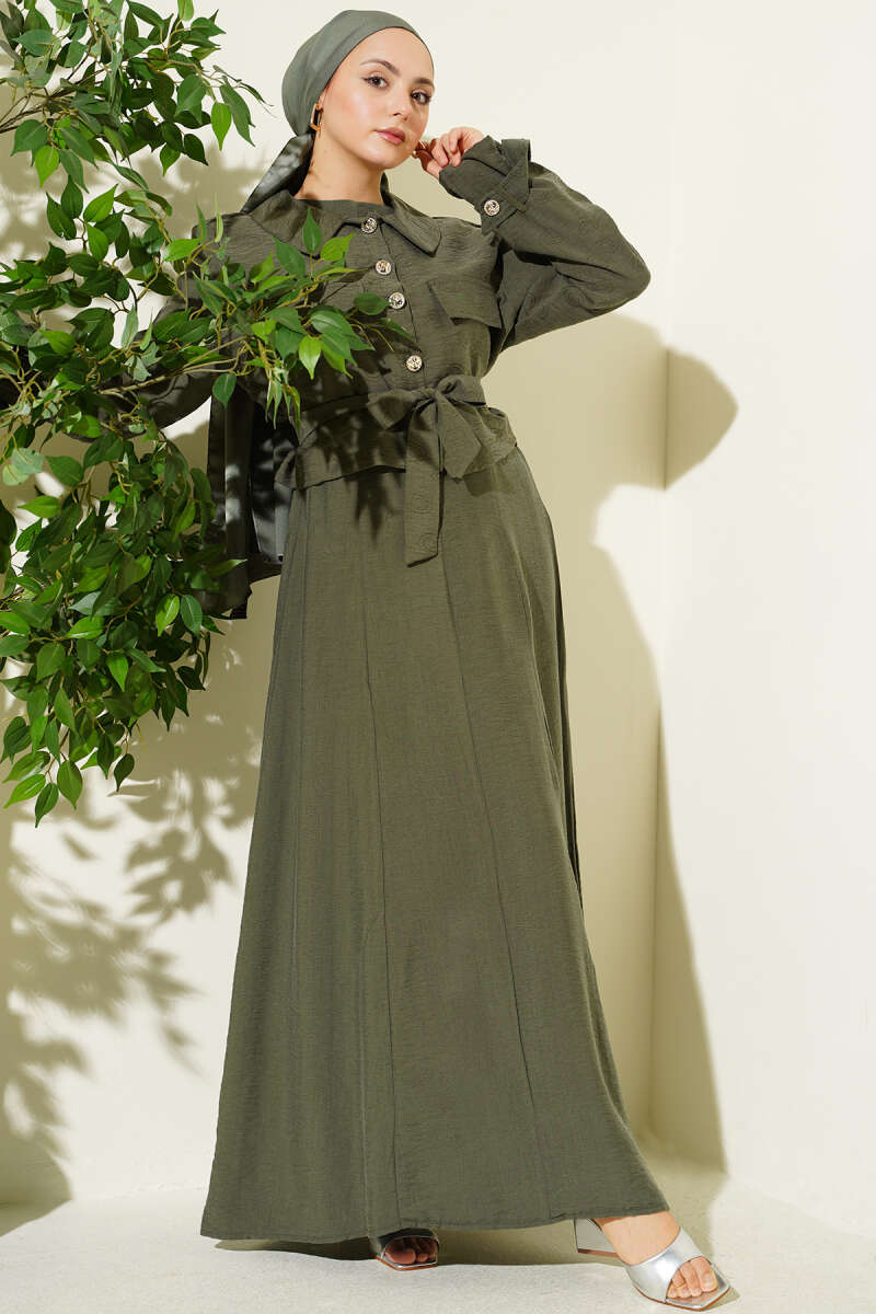 Belted Tencel Pinafore Set with Flap Pockets - Khaki