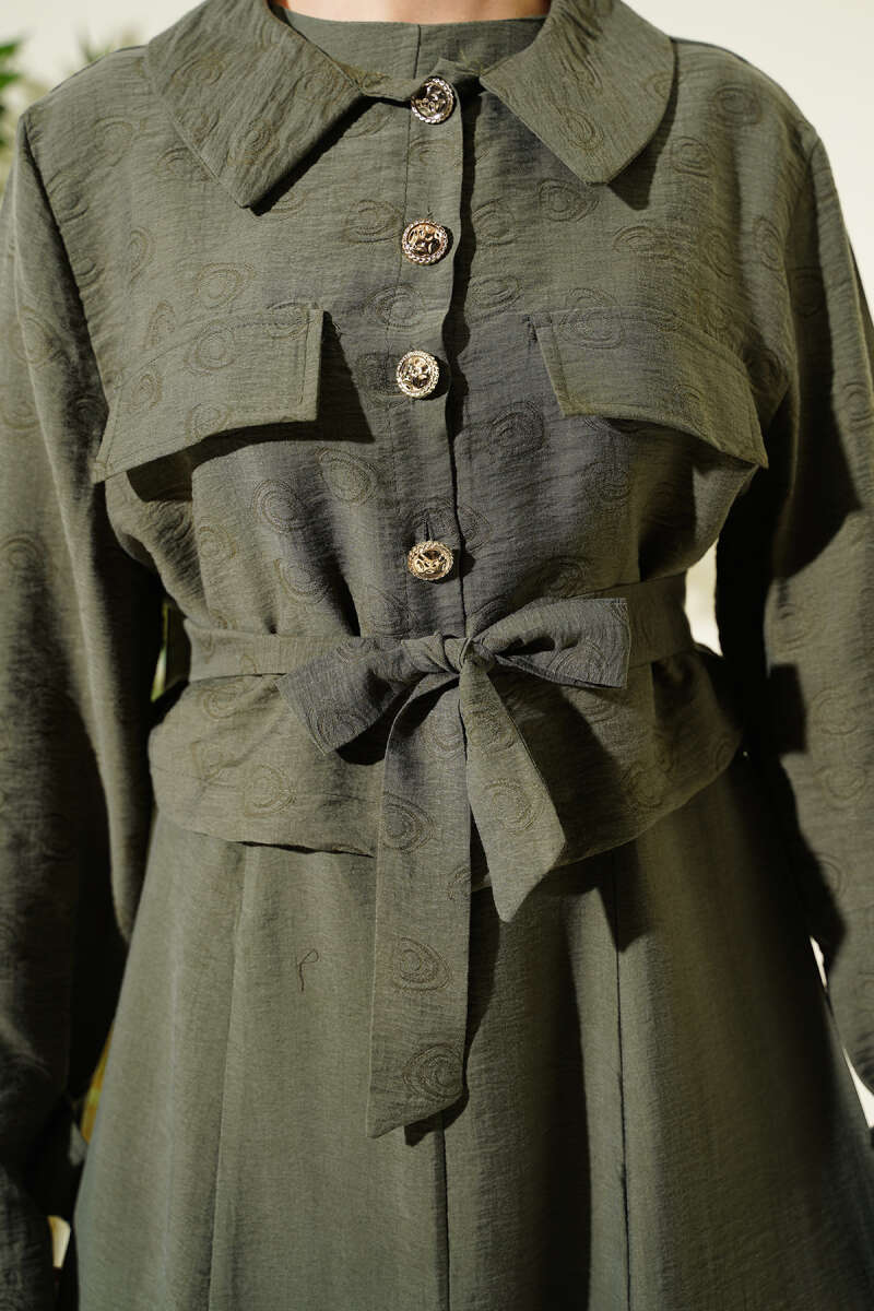 Belted Tencel Pinafore Set with Flap Pockets - Khaki