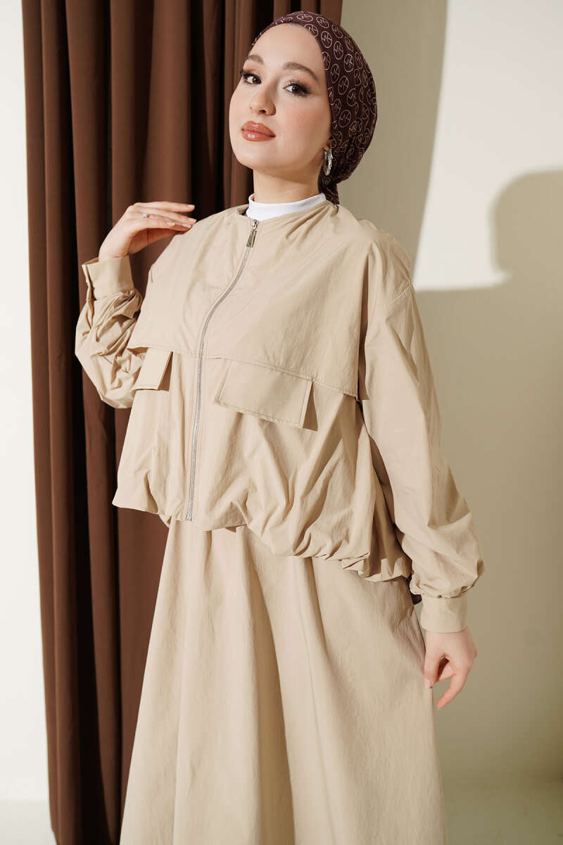 Parachute Skirt Set with Flap Pockets - Beige