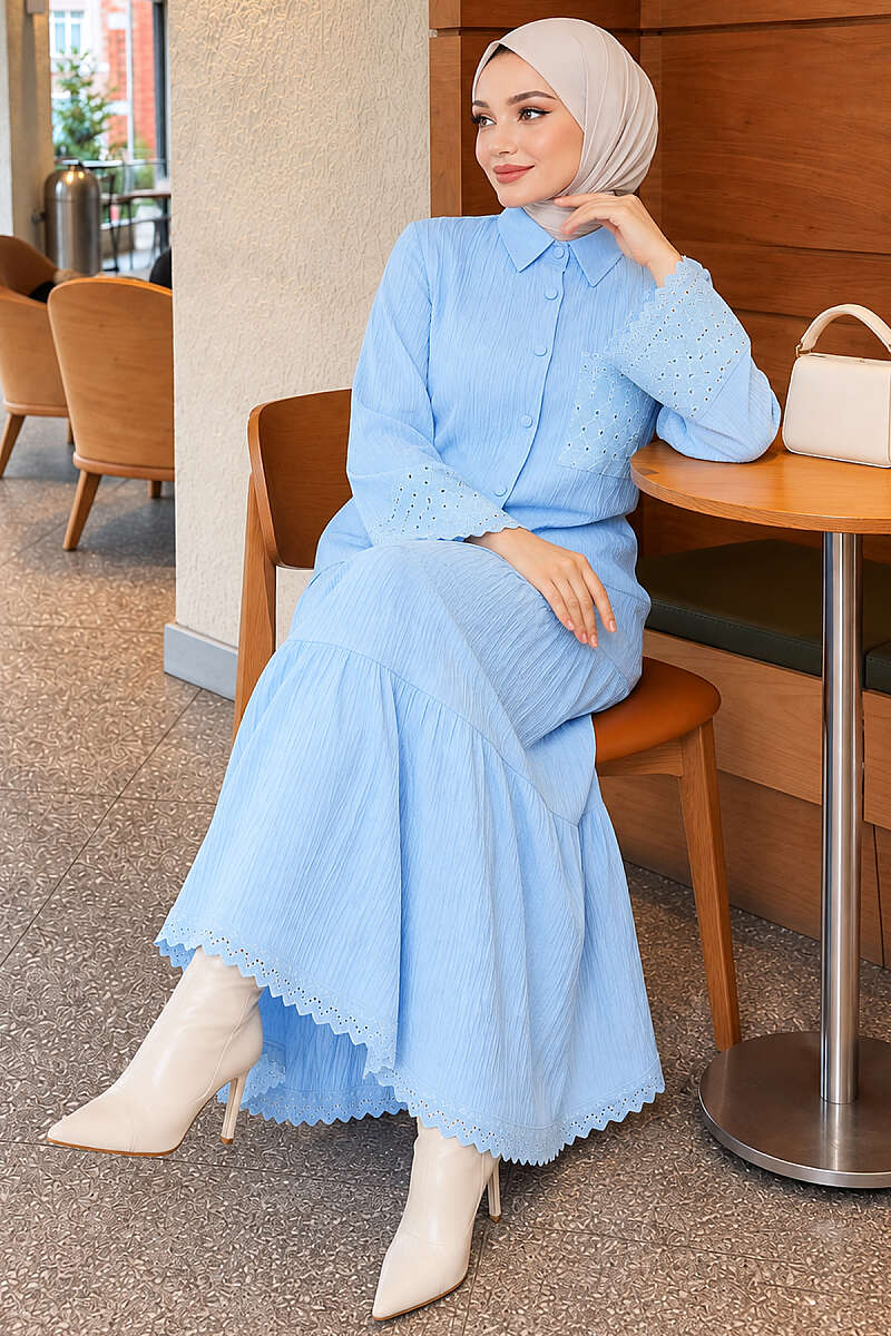 Crinkle Skirt Set with Embroidered Pockets and Cuffs - Light Blue