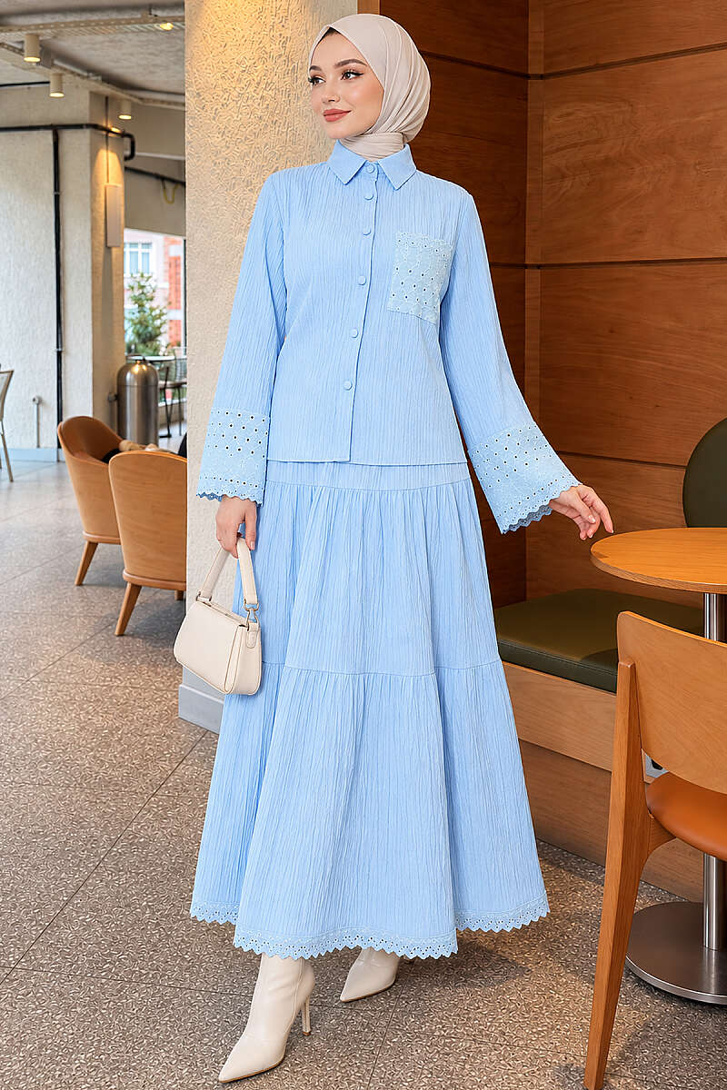 Crinkle Skirt Set with Embroidered Pockets and Cuffs - Light Blue