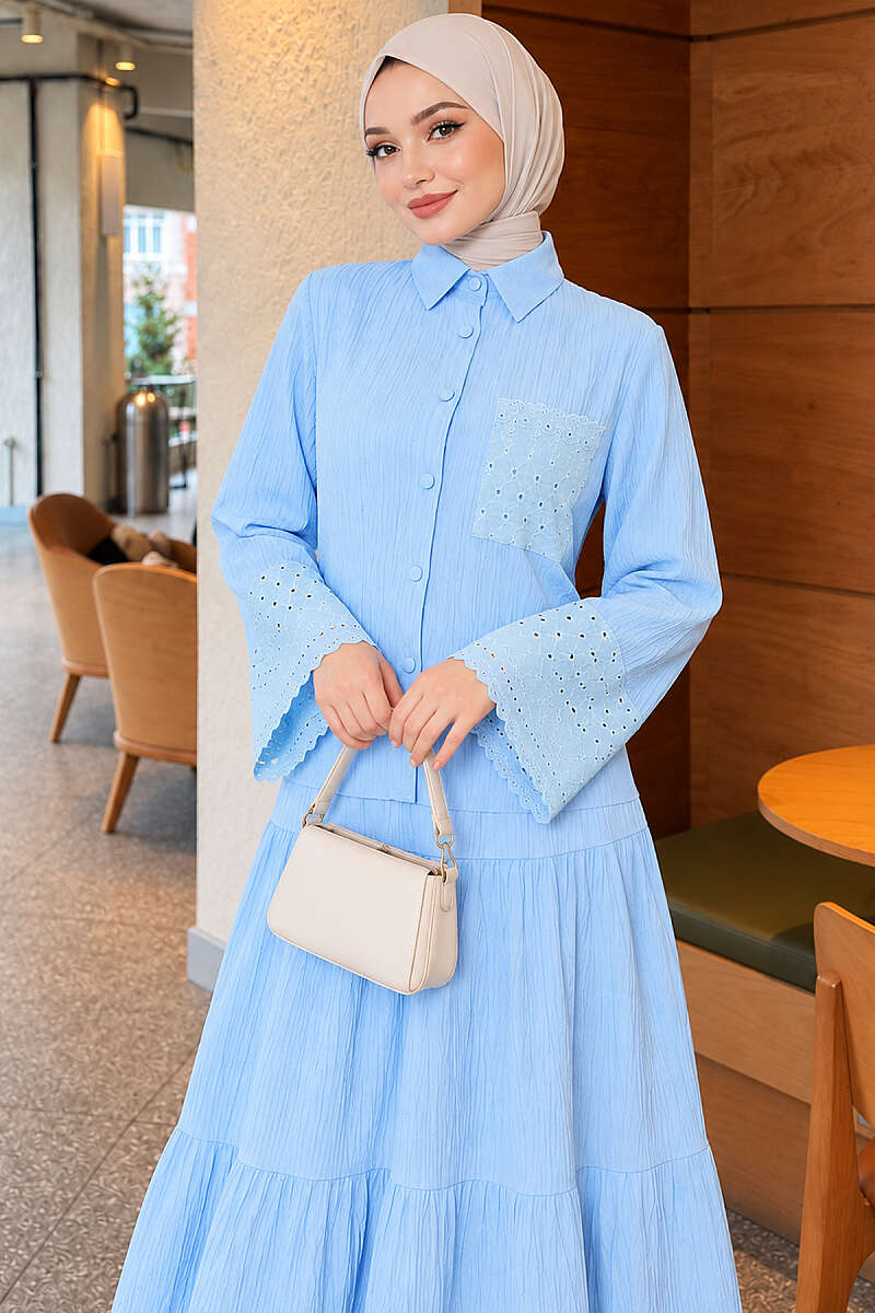 Crinkle Skirt Set with Embroidered Pockets and Cuffs - Light Blue