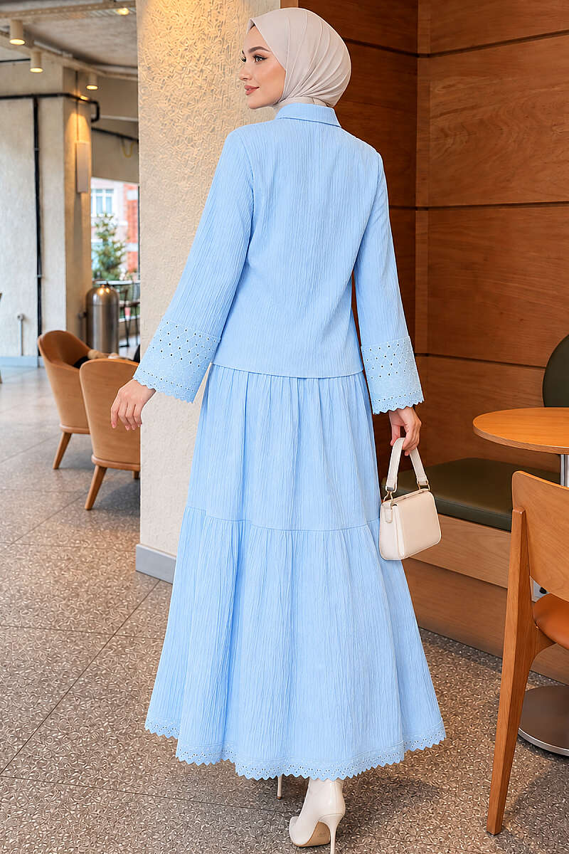 Crinkle Skirt Set with Embroidered Pockets and Cuffs - Light Blue