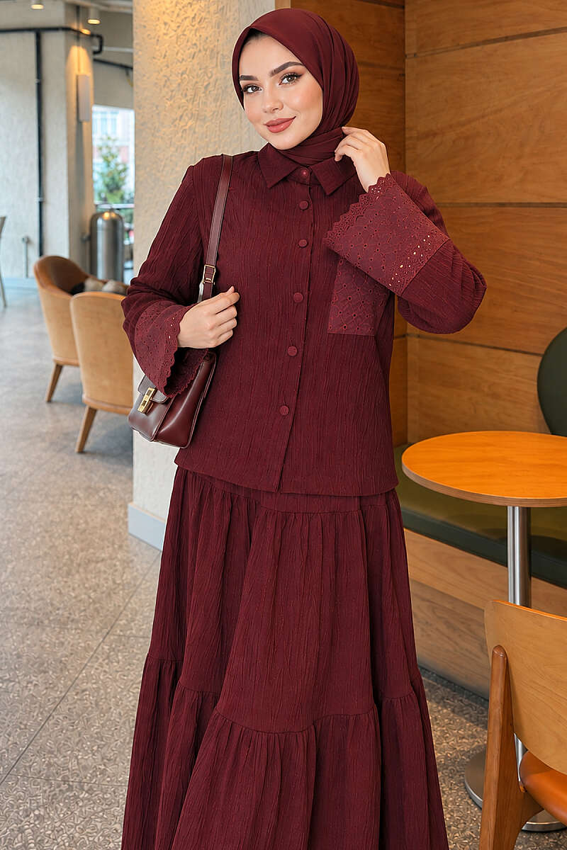 Crinkle Skirt Set with Embroidered Pockets and Cuffs - Burgundy