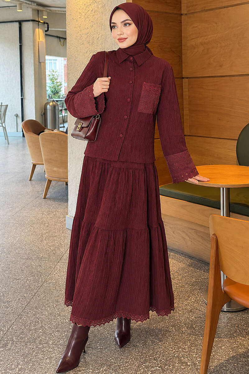 Crinkle Skirt Set with Embroidered Pockets and Cuffs - Burgundy