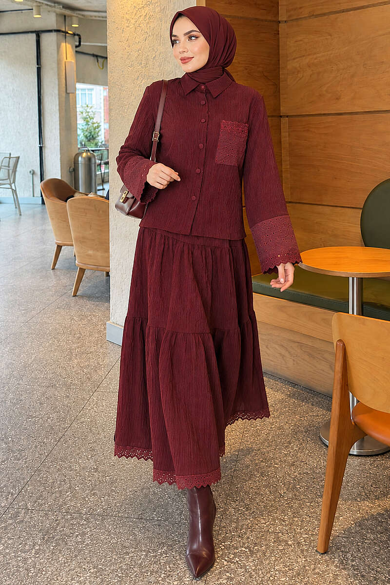 Crinkle Skirt Set with Embroidered Pockets and Cuffs - Burgundy