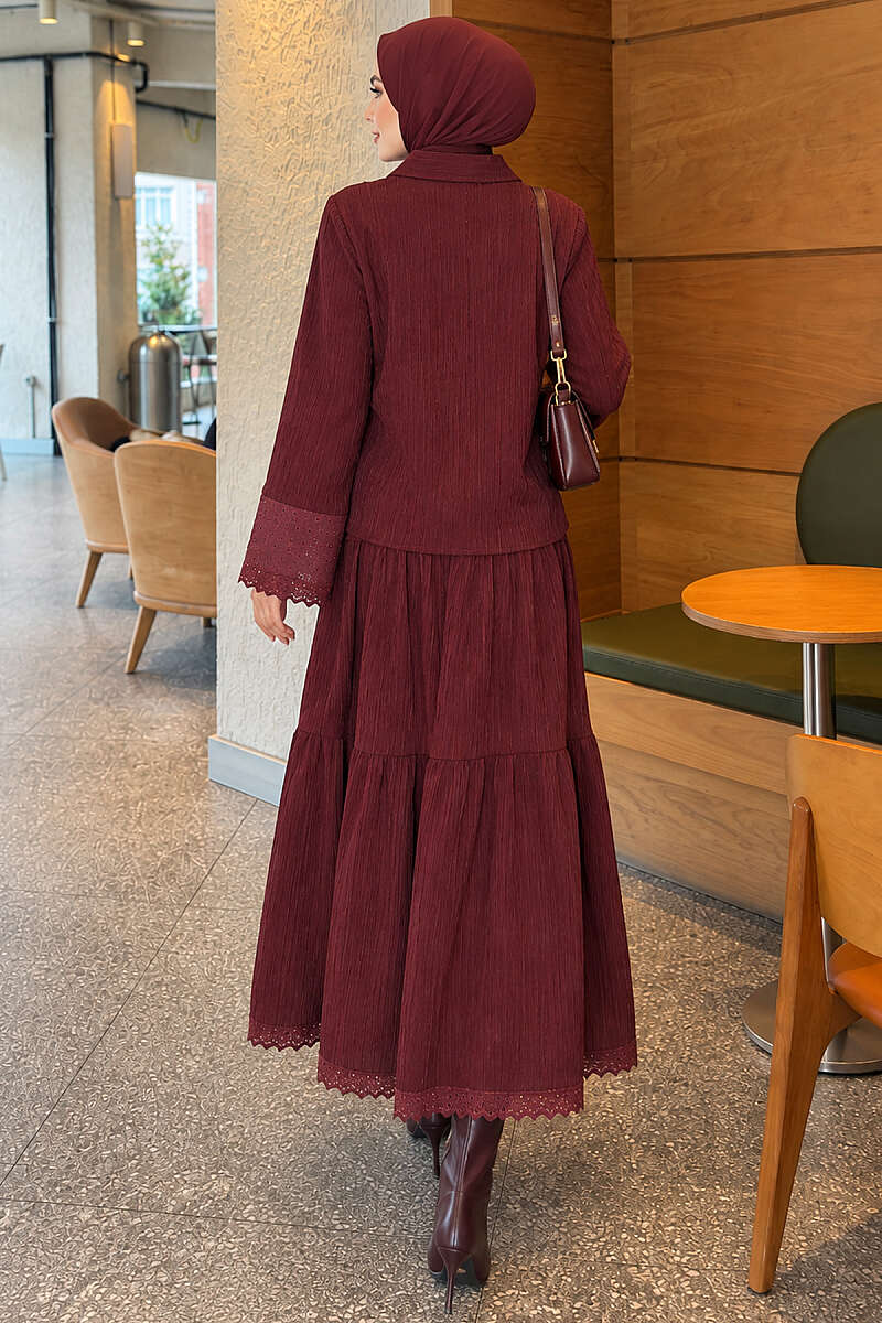 Crinkle Skirt Set with Embroidered Pockets and Cuffs - Burgundy