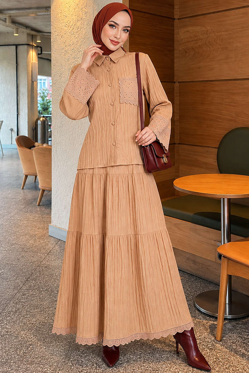 Crinkle Skirt Set with Embroidered Pockets and Cuffs - Latte