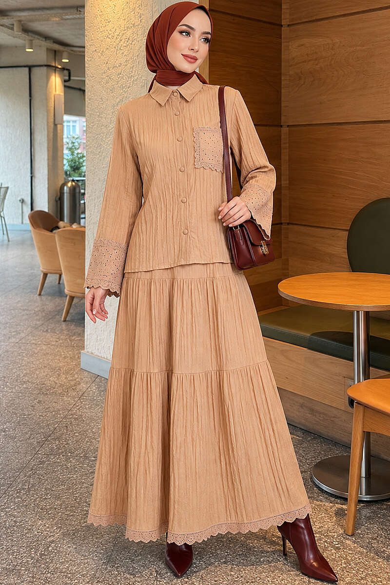 Crinkle Skirt Set with Embroidered Pockets and Cuffs - Latte