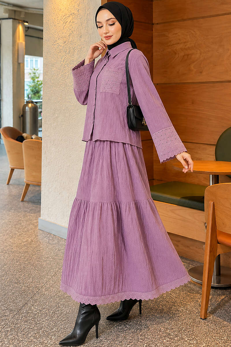 Crinkle Skirt Set with Embroidered Pockets and Cuffs - Lilac