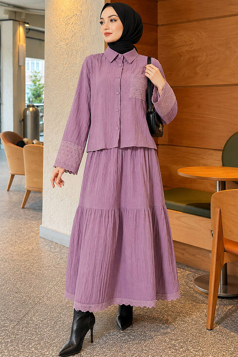 Crinkle Skirt Set with Embroidered Pockets and Cuffs - Lilac