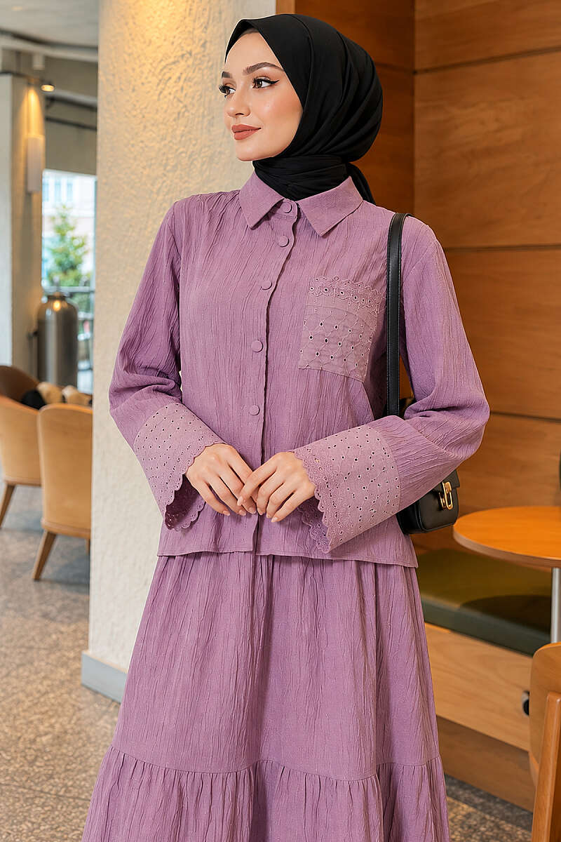 Crinkle Skirt Set with Embroidered Pockets and Cuffs - Lilac