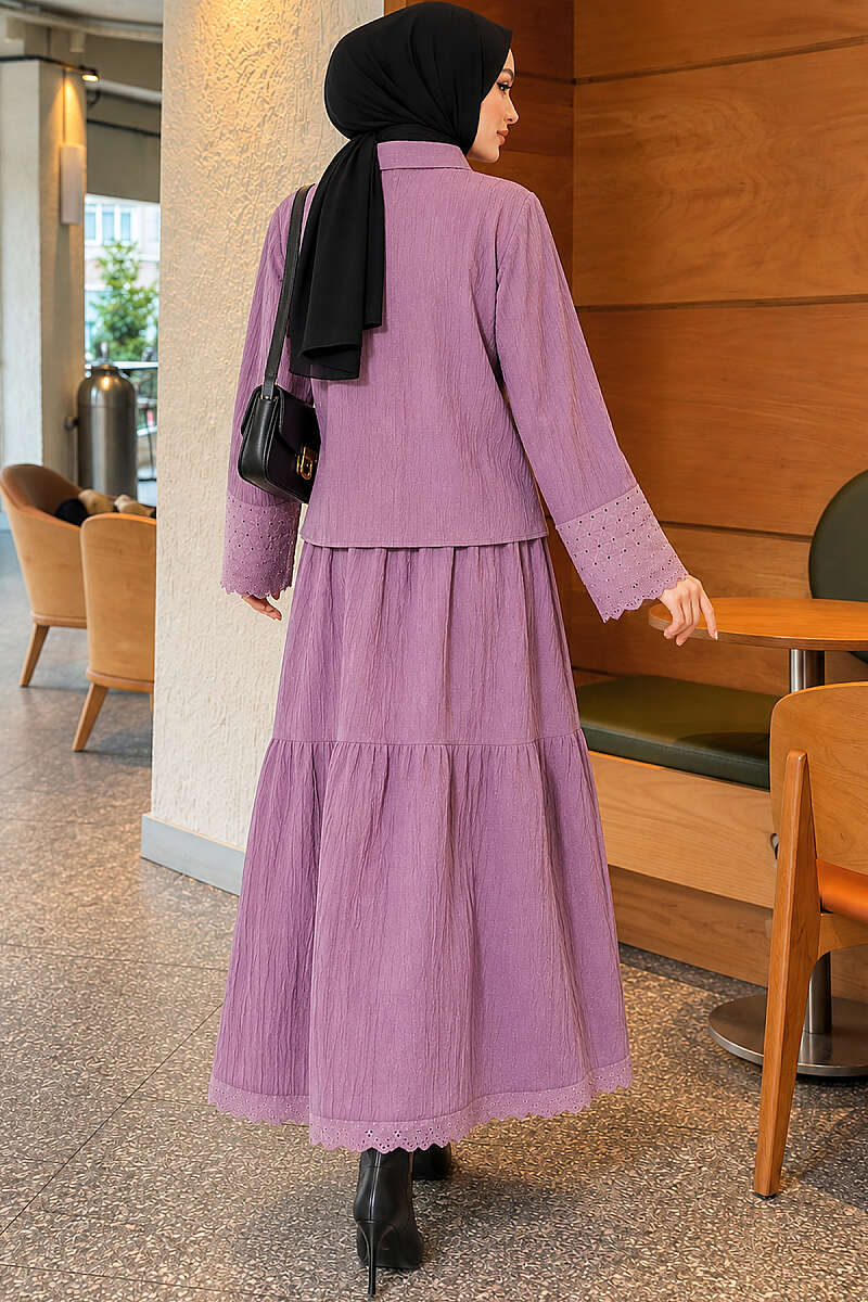 Crinkle Skirt Set with Embroidered Pockets and Cuffs - Lilac