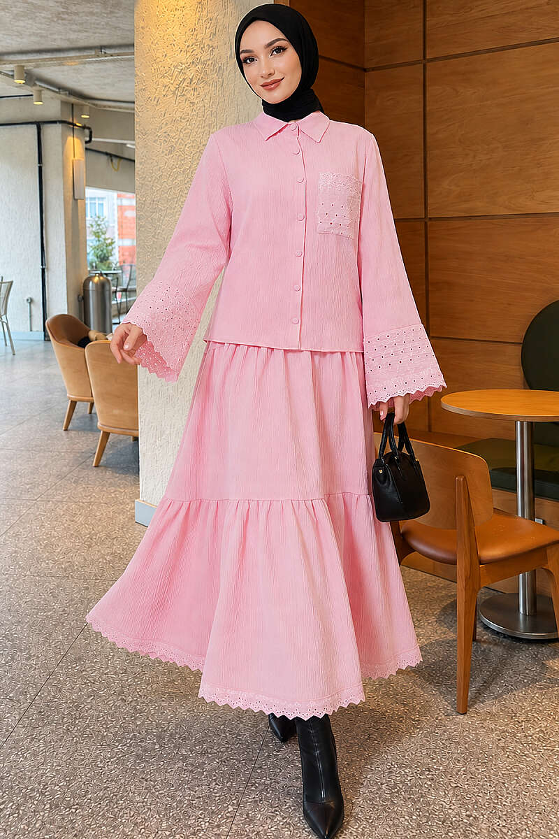Crinkle Skirt Set with Embroidered Pockets and Cuffs - Pink