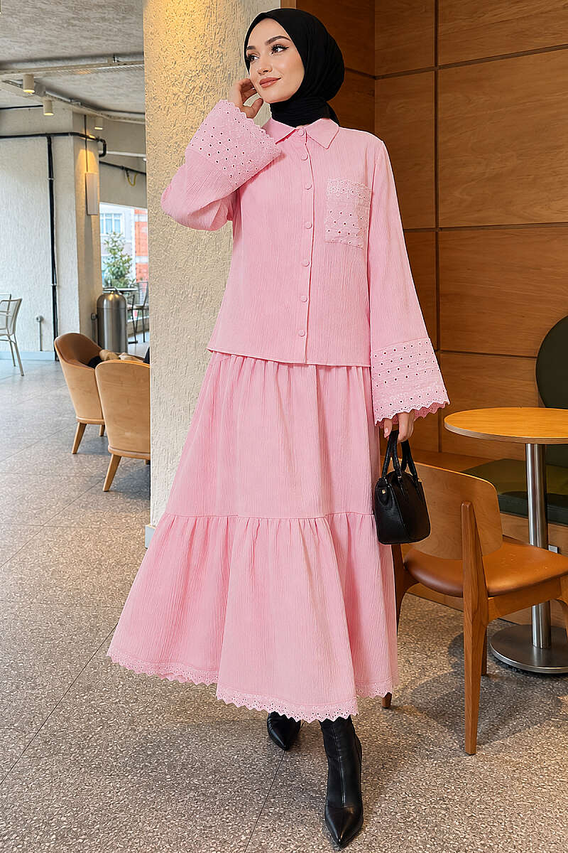 Crinkle Skirt Set with Embroidered Pockets and Cuffs - Pink