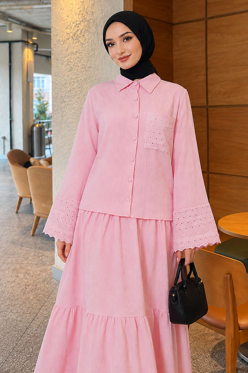 Crinkle Skirt Set with Embroidered Pockets and Cuffs - Pink