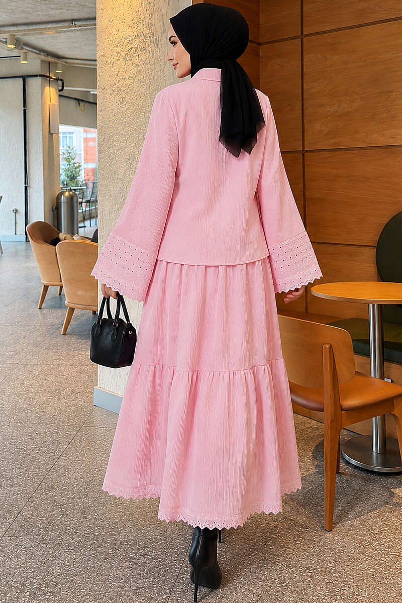 Crinkle Skirt Set with Embroidered Pockets and Cuffs - Pink