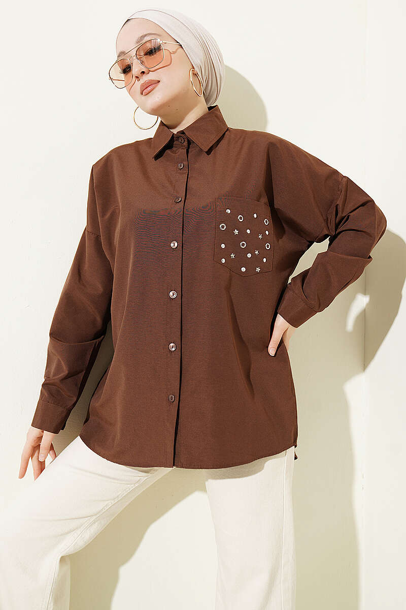 Basic Shirt with Studded Pocket - Brown