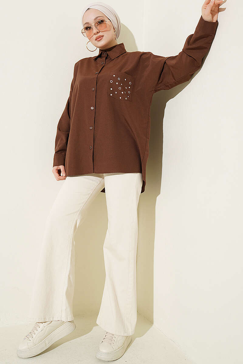 Basic Shirt with Studded Pocket - Brown