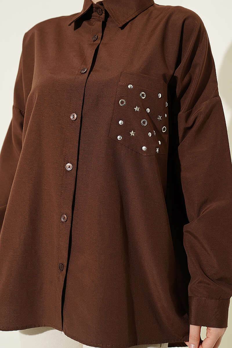 Basic Shirt with Studded Pocket - Brown