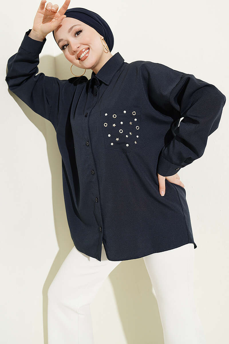 Basic Shirt with Studded Pocket - Navy