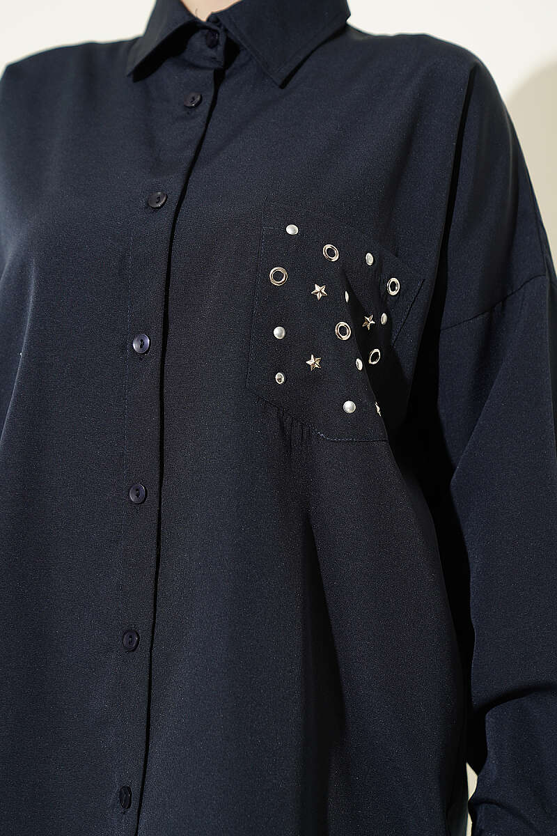 Basic Shirt with Studded Pocket - Navy